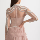 Uzun Kollu Fırfırlı Midi Elbise