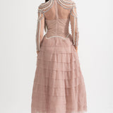 Uzun Kollu Fırfırlı Midi Elbise