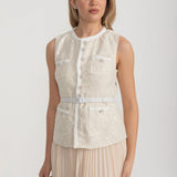 Önden Cepli ve Şeffaf Pileli Etekli Dokulu Co-Ord - Ivoire