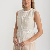 Önden Cepli ve Şeffaf Pileli Etekli Dokulu Co-Ord - Ivoire