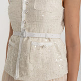 Önden Cepli ve Şeffaf Pileli Etekli Dokulu Co-Ord - Ivoire