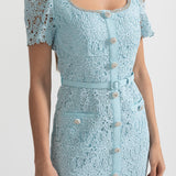 Mavi İnce Dantel Midi Elbise