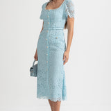 Mavi İnce Dantel Midi Elbise