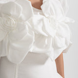 Büyük Kumaş Çiçek Desenli Omuzları Açık Midi Elbise - Beyaz