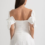 Büyük Kumaş Çiçek Desenli Omuzları Açık Midi Elbise - Beyaz