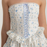 Kurdele Bağcık Detaylı ve Çok Katlı Fırfırlı Etekli Korse Mini Elbise - Beyaz/Mavi