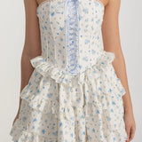 Kurdele Bağcık Detaylı ve Çok Katlı Fırfırlı Etekli Korse Mini Elbise - Beyaz/Mavi