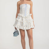 Kurdele Bağcık Detaylı ve Çok Katlı Fırfırlı Etekli Korse Mini Elbise - Beyaz/Mavi