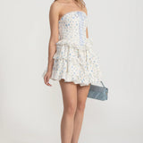 Kurdele Bağcık Detaylı ve Çok Katlı Fırfırlı Etekli Korse Mini Elbise - Beyaz/Mavi