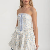 Kurdele Bağcık Detaylı ve Çok Katlı Fırfırlı Etekli Korse Mini Elbise - Beyaz/Mavi