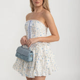 Kurdele Bağcık Detaylı ve Çok Katlı Fırfırlı Etekli Korse Mini Elbise - Beyaz/Mavi