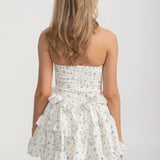 Kurdele Bağcık Detaylı ve Çok Katlı Fırfırlı Etekli Korse Mini Elbise - Beyaz/Mavi