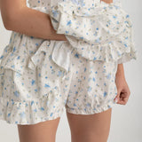 Kurdele Bağcık Detaylı ve Çok Katlı Fırfırlı Etekli Korse Mini Elbise - Beyaz/Mavi