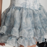 Kat Kat Şeffaf Etekli ve Pastel Çiçek Desenli Zarif Korse Mini Elbise - Beyaz/Mavi