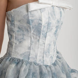 Kat Kat Şeffaf Etekli ve Pastel Çiçek Desenli Zarif Korse Mini Elbise - Beyaz/Mavi