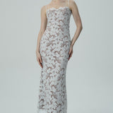 Beyaz Çiçekli Dantel Spagetti Askılı Elbise