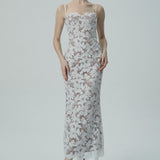 Beyaz Çiçekli Dantel Spagetti Askılı Elbise