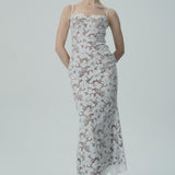 Beyaz Çiçekli Dantel Spagetti Askılı Elbise