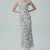 Beyaz Çiçekli Dantel Spagetti Askılı Elbise