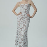 Beyaz Çiçekli Dantel Spagetti Askılı Elbise