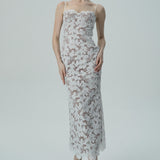 Beyaz Çiçekli Dantel Spagetti Askılı Elbise