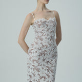 Beyaz Çiçekli Dantel Spagetti Askılı Elbise