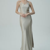 Bej  Askılı Saten Slip Elbise