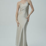 Bej  Askılı Saten Slip Elbise