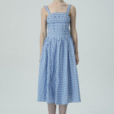 Bağcık Detaylı Mavi Pötikare Midi Elbise