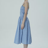 Bağcık Detaylı Mavi Pötikare Midi Elbise