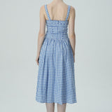 Bağcık Detaylı Mavi Pötikare Midi Elbise