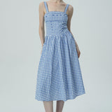 Bağcık Detaylı Mavi Pötikare Midi Elbise