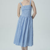 Bağcık Detaylı Mavi Pötikare Midi Elbise