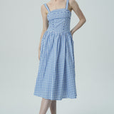 Bağcık Detaylı Mavi Pötikare Midi Elbise