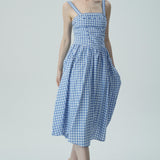 Bağcık Detaylı Mavi Pötikare Midi Elbise