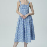 Bağcık Detaylı Mavi Pötikare Midi Elbise