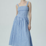 Bağcık Detaylı Mavi Pötikare Midi Elbise