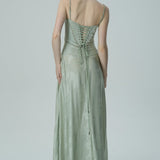 Lavanta Çiçekli Jakarlı Saten Maksi Elbise