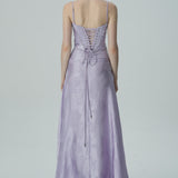 Lavanta Çiçekli Jakarlı Saten Maksi Elbise