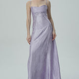 Lavanta Çiçekli Jakarlı Saten Maksi Elbise