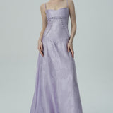 Lavanta Çiçekli Jakarlı Saten Maksi Elbise