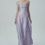 Lavanta Çiçekli Jakarlı Saten Maksi Elbise