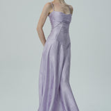 Lavanta Çiçekli Jakarlı Saten Maksi Elbise