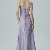 Lavanta Çiçekli Jakarlı Saten Maksi Elbise