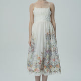 Dantelli Bedene Sahip Çiçek İşlemeli Midi Elbise