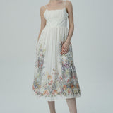 Dantelli Bedene Sahip Çiçek İşlemeli Midi Elbise