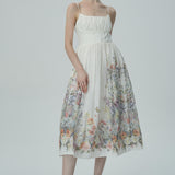 Dantelli Bedene Sahip Çiçek İşlemeli Midi Elbise