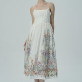 Dantelli Bedene Sahip Çiçek İşlemeli Midi Elbise