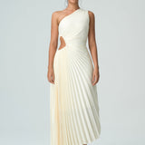 Olivia asimetrik omuzları açık pilili elbise