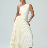 Olivia asimetrik omuzları açık pilili elbise